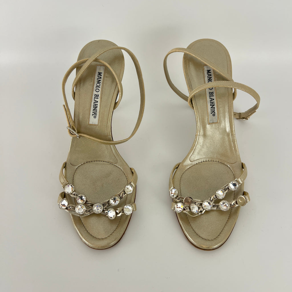 Manolo Blahnik | Ivory Pearl Leather Crystal Ankle Wrap Sandal Heels (36.5)
