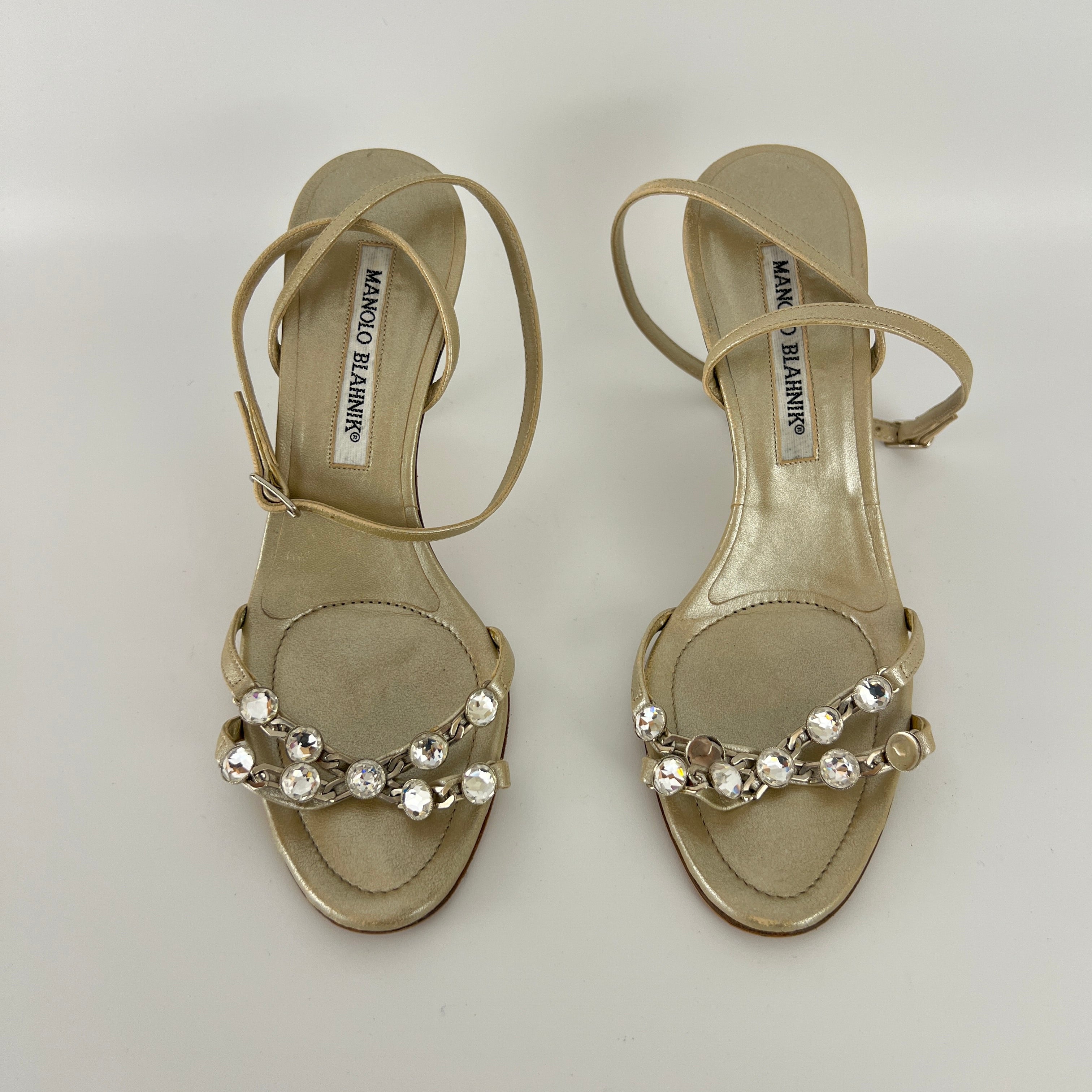 Manolo Blahnik | Ivory Pearl Leather Crystal Ankle Wrap Sandal Heels (36.5)