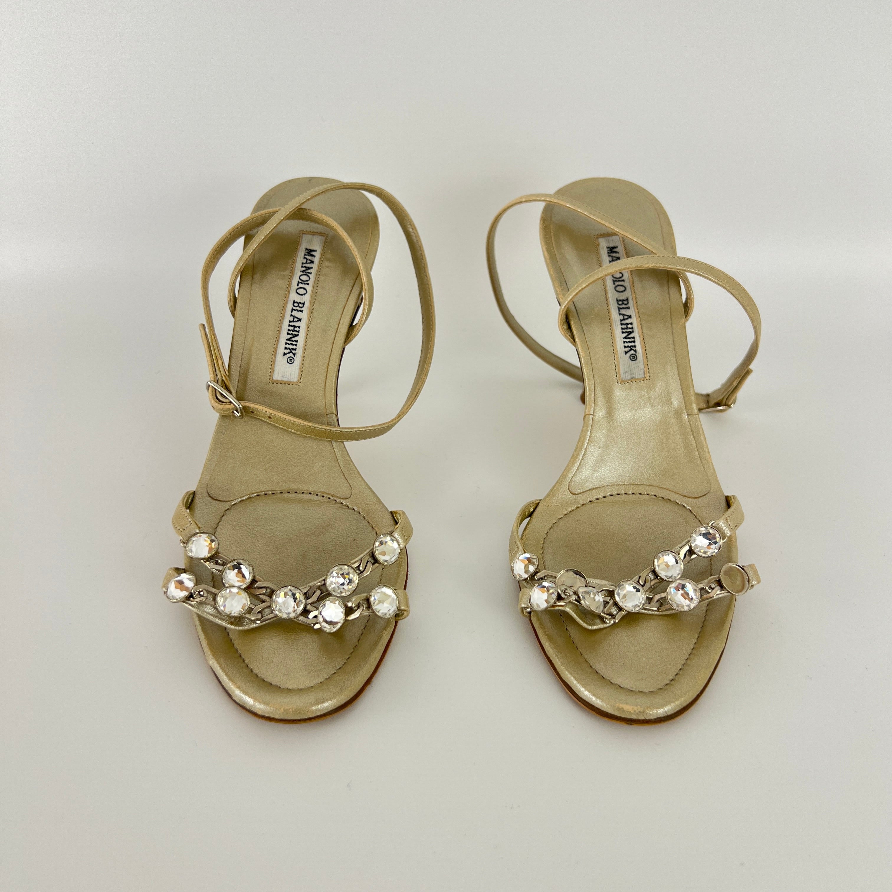 Manolo Blahnik | Ivory Pearl Leather Crystal Ankle Wrap Sandal Heels (36.5)