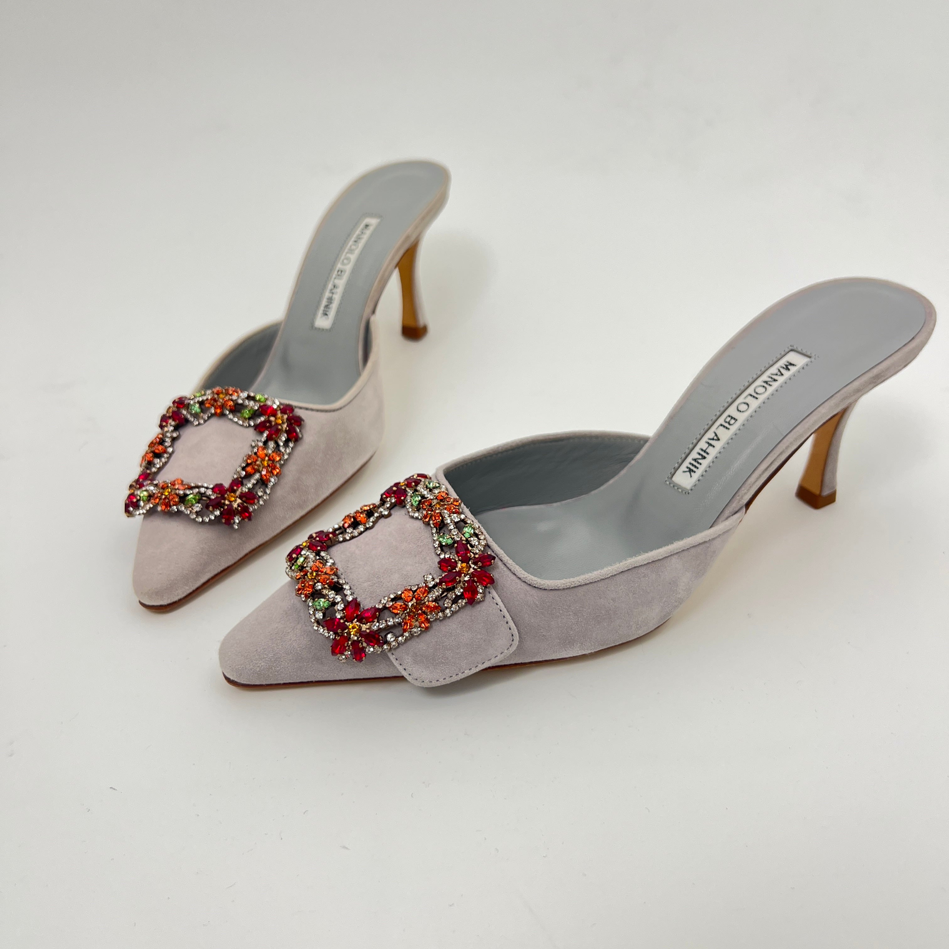 Manolo Blahnik | Maysale 70 Flower Crystal Buckle Gray Suede Leather Mules (37)