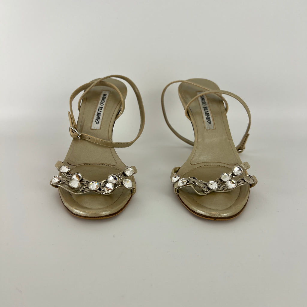Manolo Blahnik | Ivory Pearl Leather Crystal Ankle Wrap Sandal Heels (36.5)
