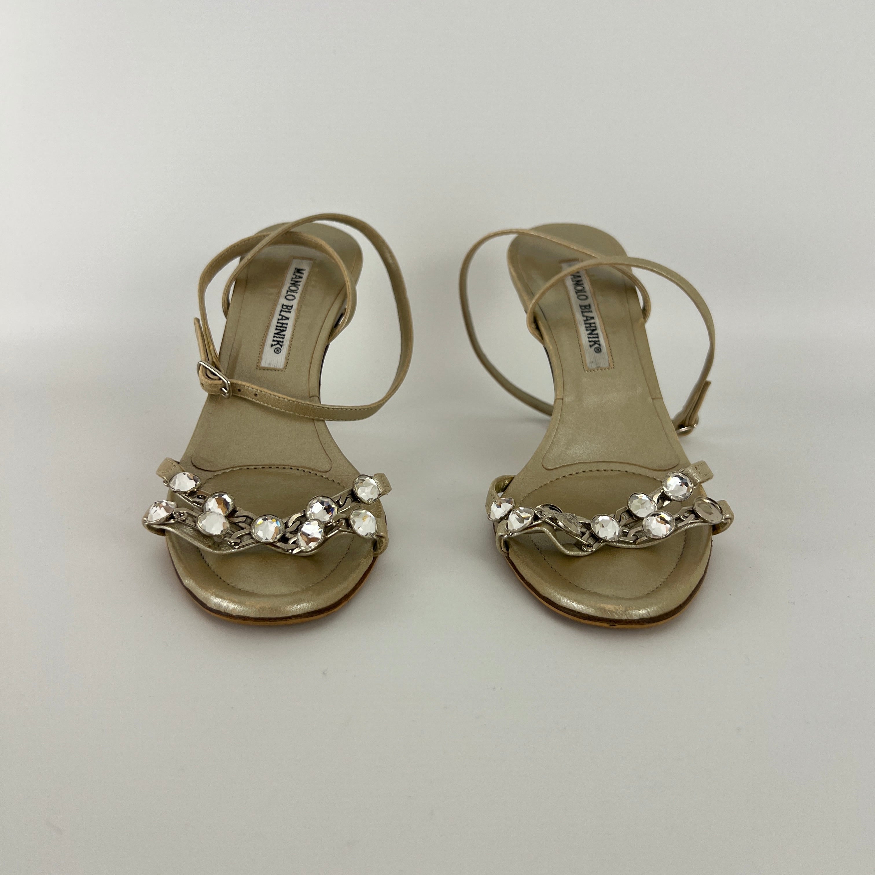 Manolo Blahnik | Ivory Pearl Leather Crystal Ankle Wrap Sandal Heels (36.5)