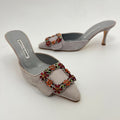 Manolo Blahnik | Maysale 70 Flower Crystal Buckle Gray Suede Leather Mules (37)