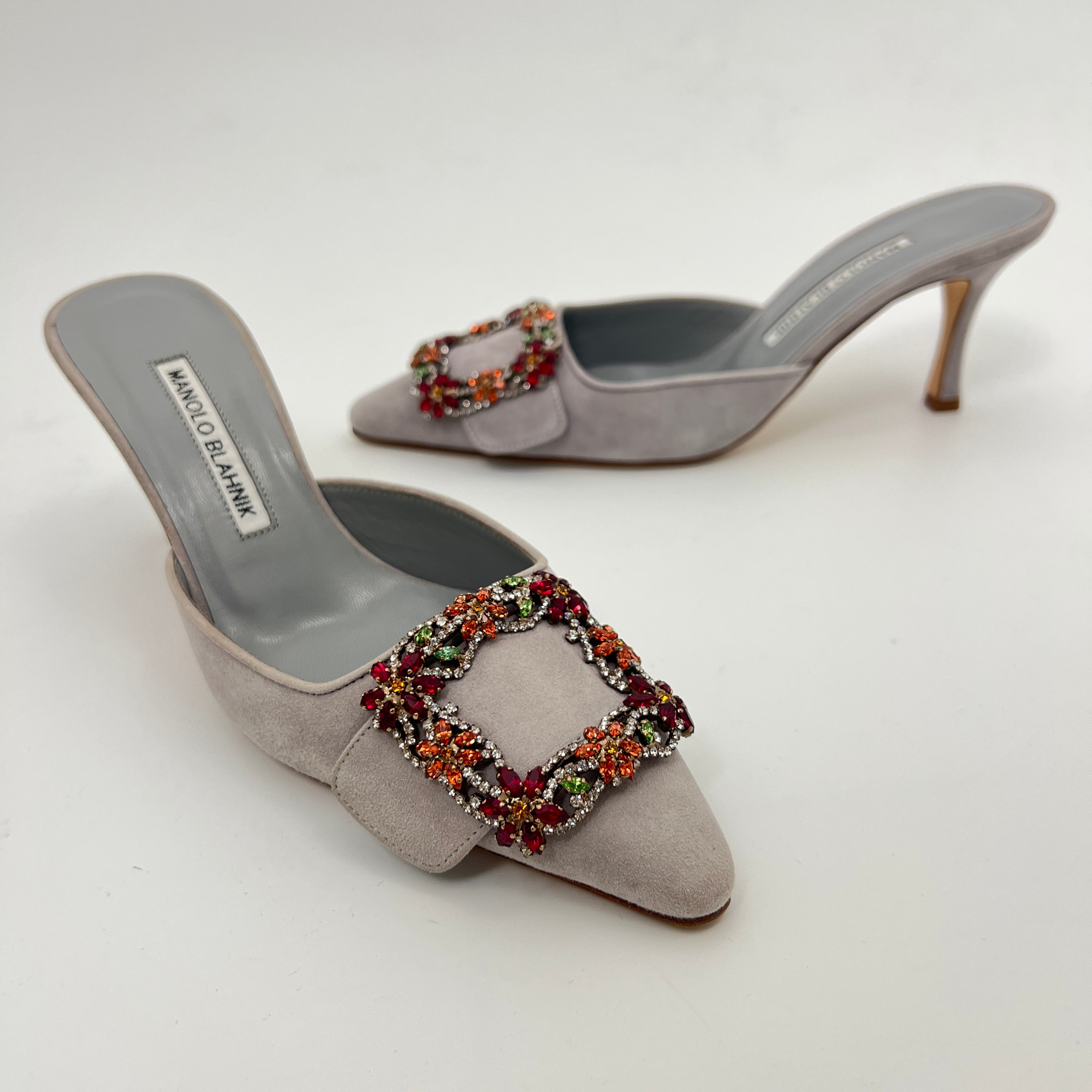 Manolo Blahnik | Maysale 70 Flower Crystal Buckle Gray Suede Leather Mules (37)