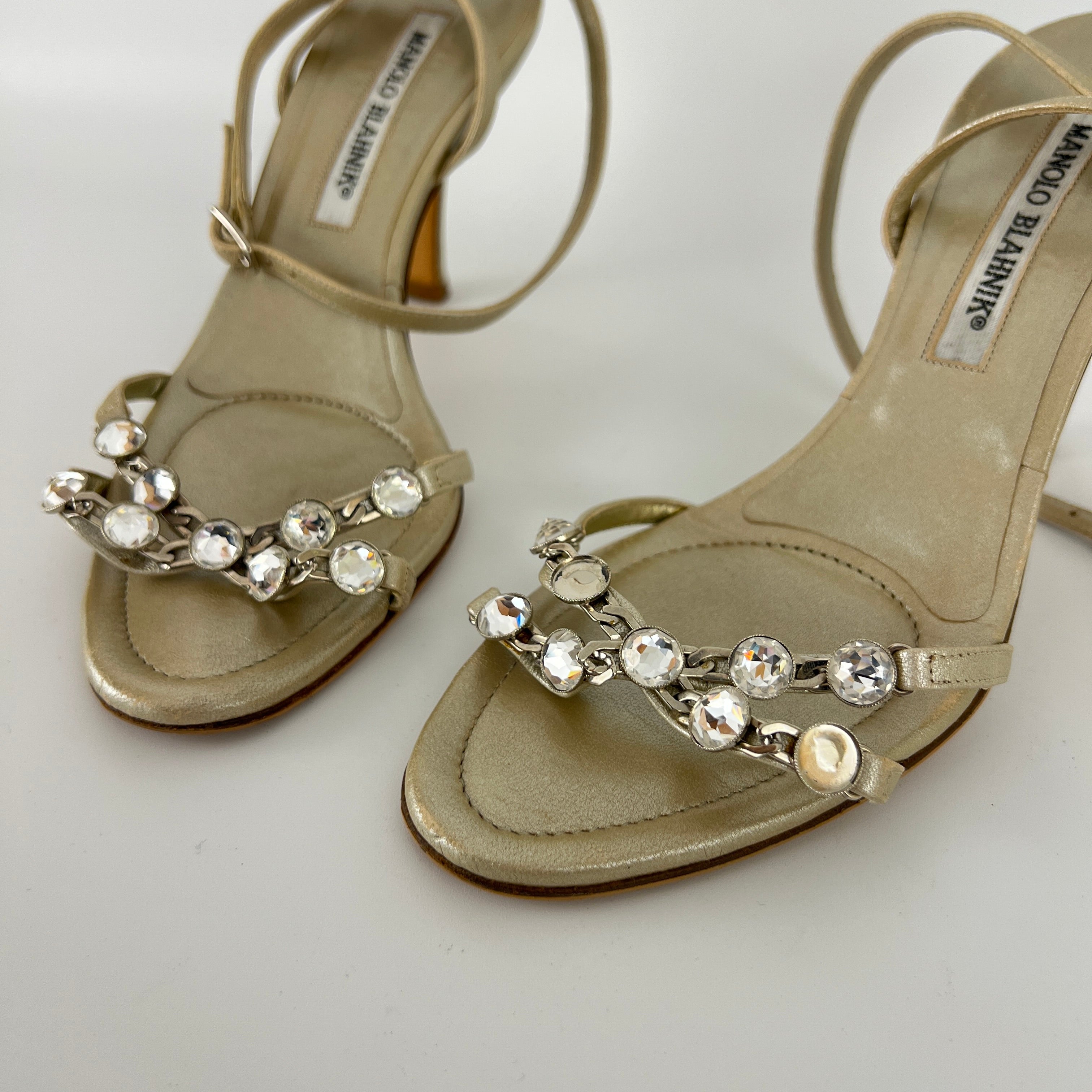 Manolo Blahnik | Ivory Pearl Leather Crystal Ankle Wrap Sandal Heels (36.5)