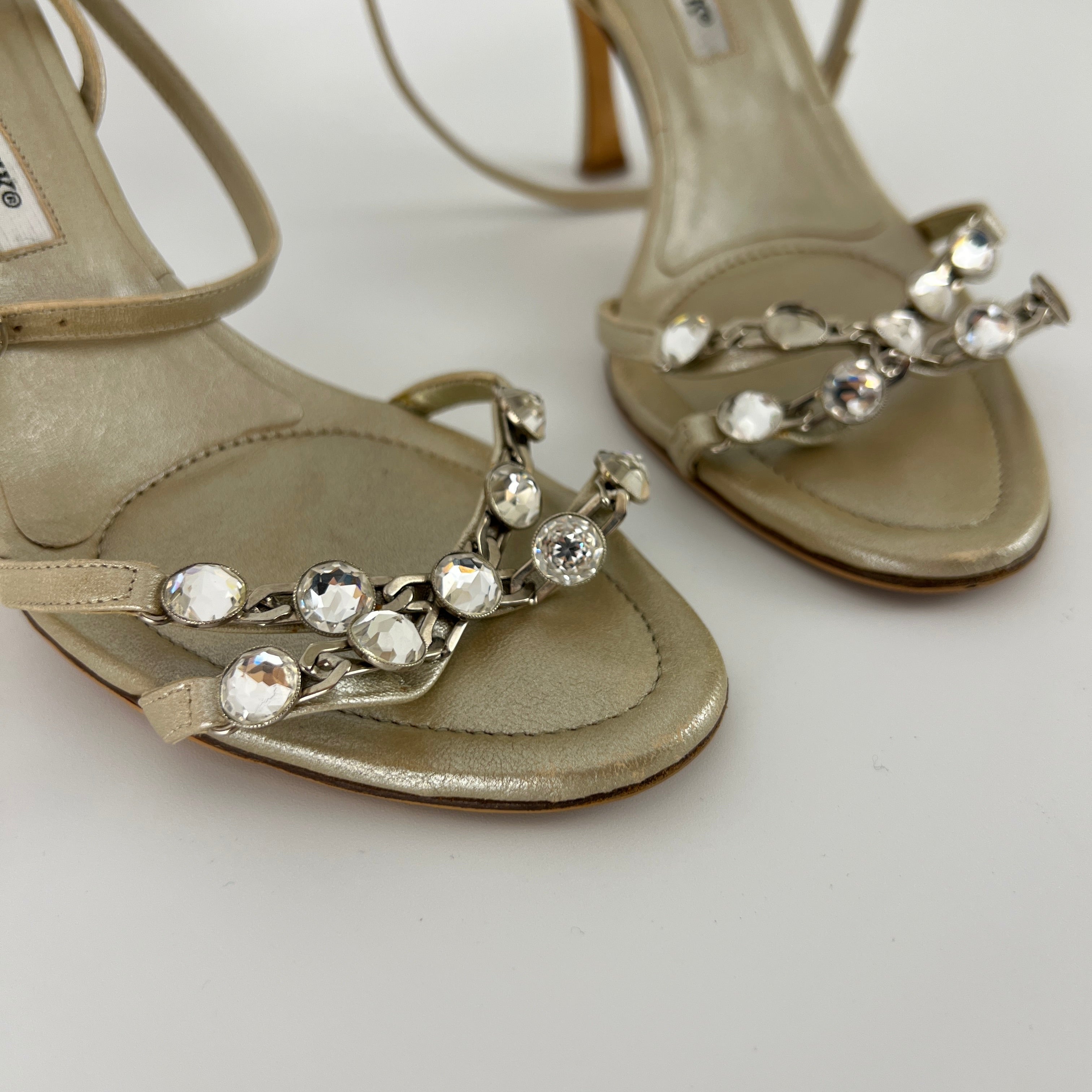 Manolo Blahnik | Ivory Pearl Leather Crystal Ankle Wrap Sandal Heels (36.5)