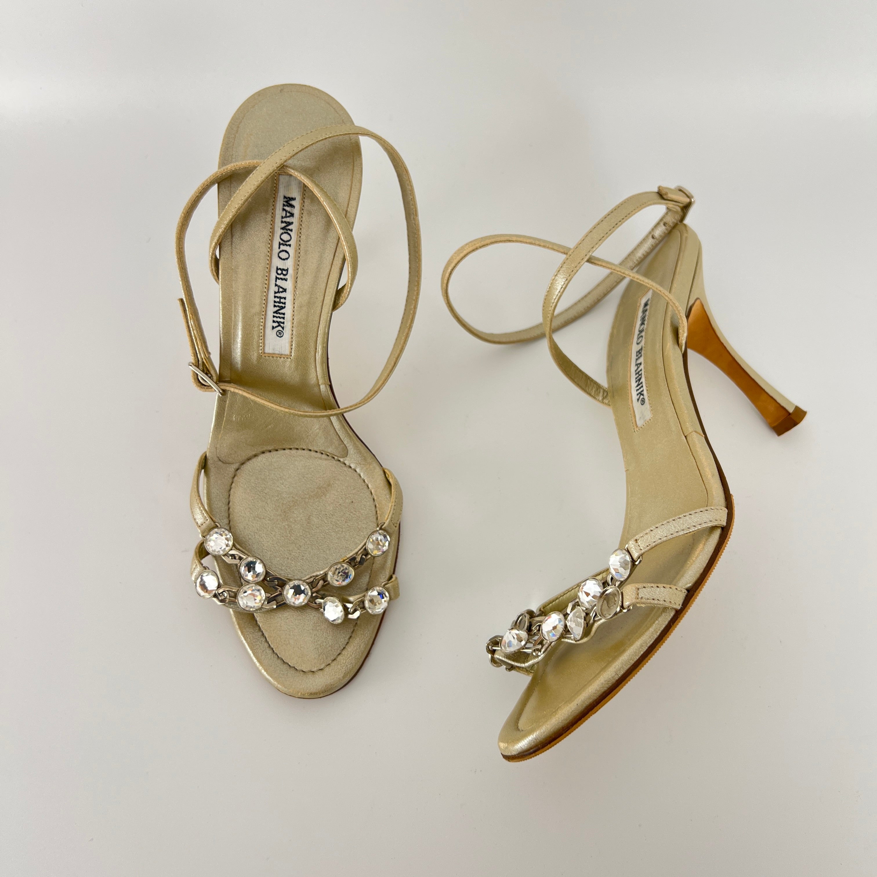 Manolo Blahnik | Ivory Pearl Leather Crystal Ankle Wrap Sandal Heels (36.5)