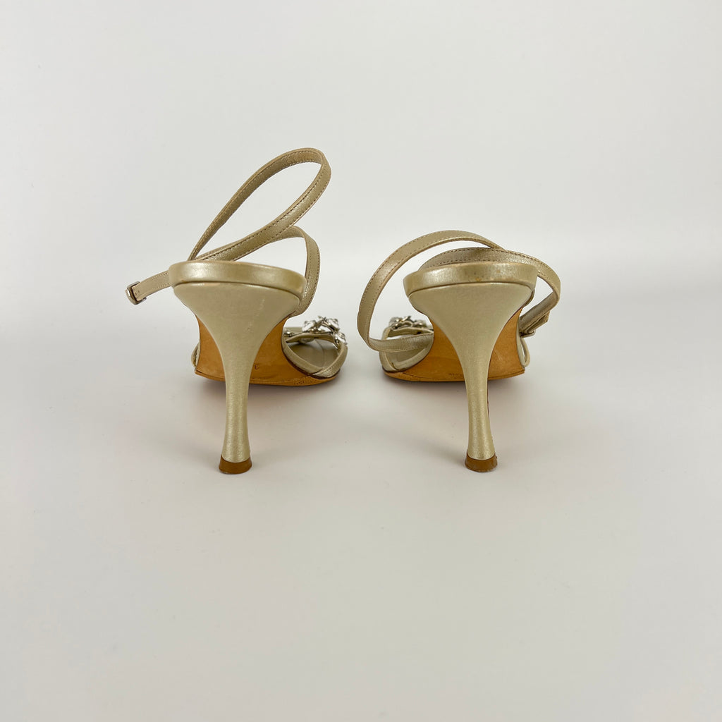Manolo Blahnik | Ivory Pearl Leather Crystal Ankle Wrap Sandal Heels (36.5)