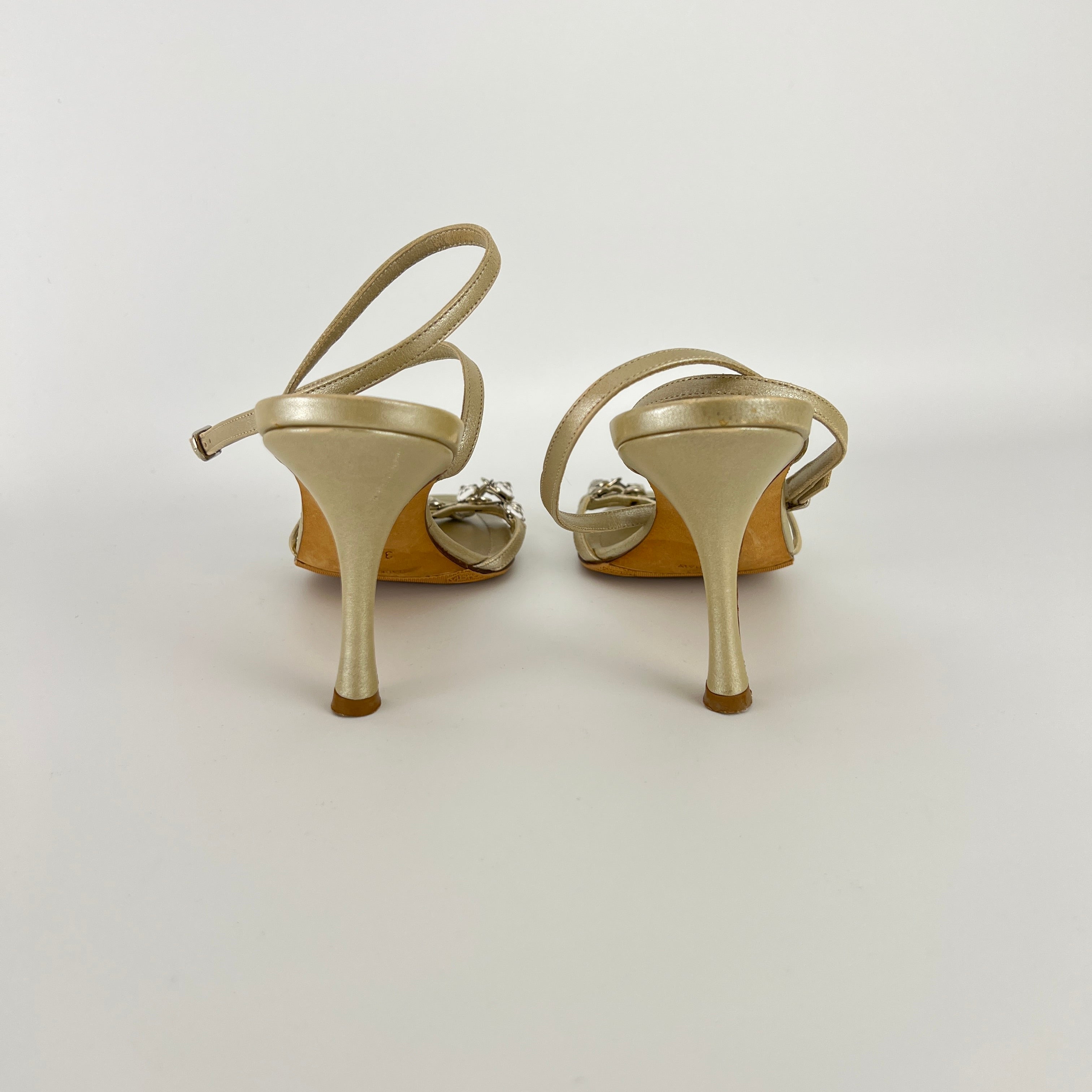 Manolo Blahnik | Ivory Pearl Leather Crystal Ankle Wrap Sandal Heels (36.5)
