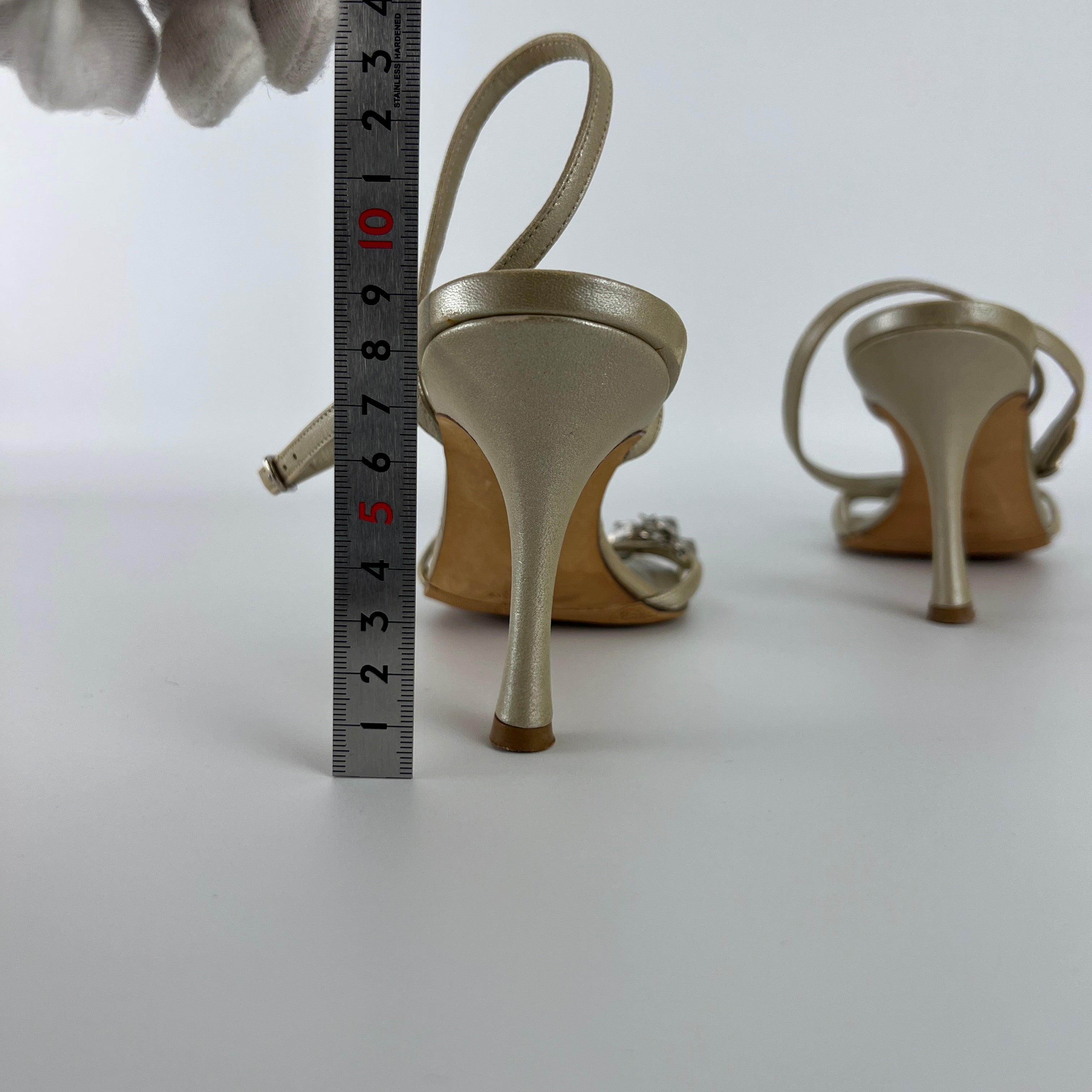 Manolo Blahnik | Ivory Pearl Leather Crystal Ankle Wrap Sandal Heels (36.5)