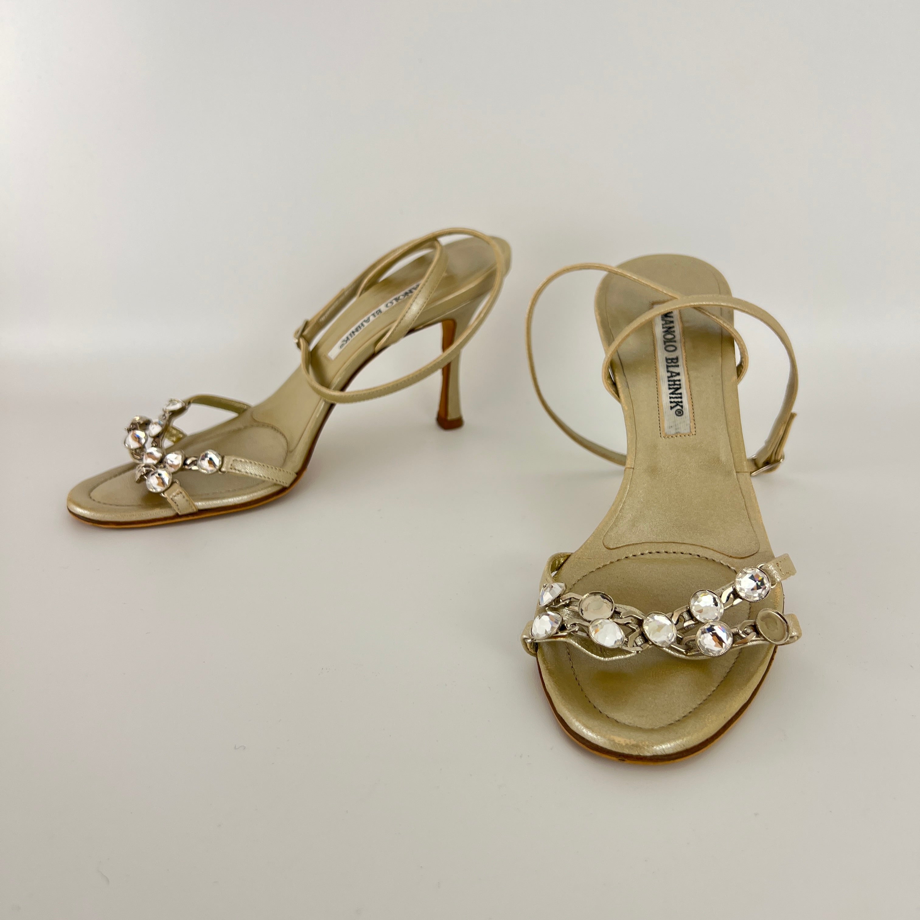 Manolo Blahnik | Ivory Pearl Leather Crystal Ankle Wrap Sandal Heels (36.5)