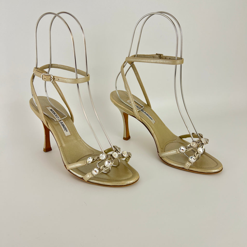 Manolo Blahnik | Ivory Pearl Leather Crystal Ankle Wrap Sandal Heels (36.5)