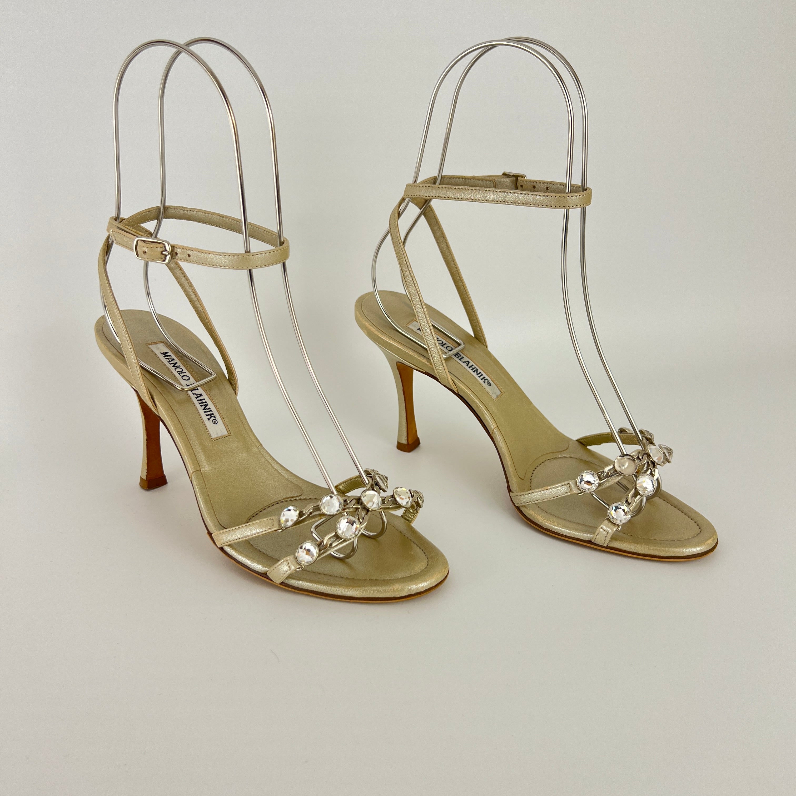 Manolo Blahnik | Ivory Pearl Leather Crystal Ankle Wrap Sandal Heels (36.5)