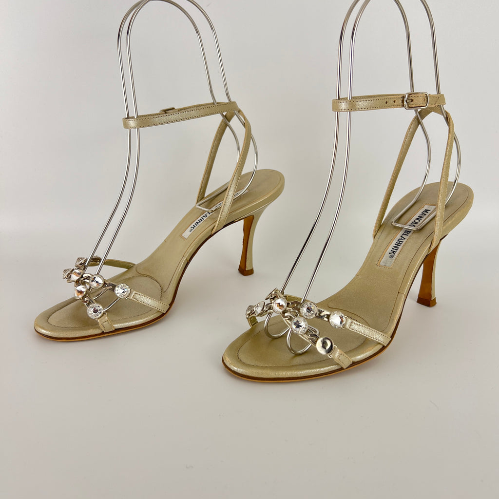 Manolo Blahnik | Ivory Pearl Leather Crystal Ankle Wrap Sandal Heels (36.5)