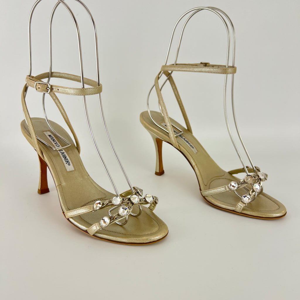 Manolo Blahnik | Ivory Pearl Leather Crystal Ankle Wrap Sandal Heels (36.5)