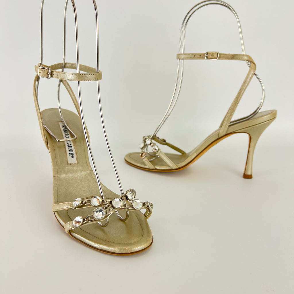 Manolo Blahnik | Ivory Pearl Leather Crystal Ankle Wrap Sandal Heels (36.5)