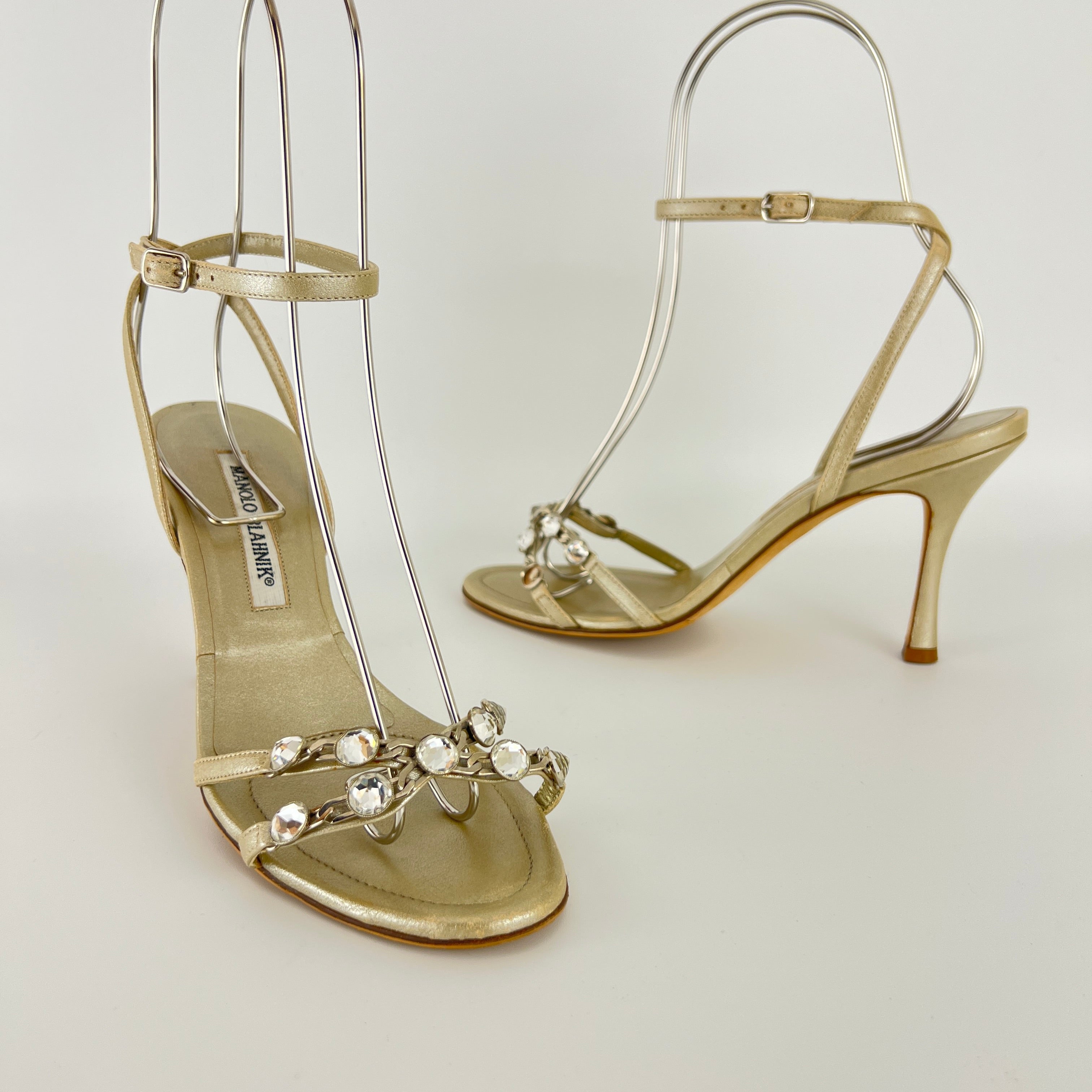 Manolo Blahnik | Ivory Pearl Leather Crystal Ankle Wrap Sandal Heels (36.5)