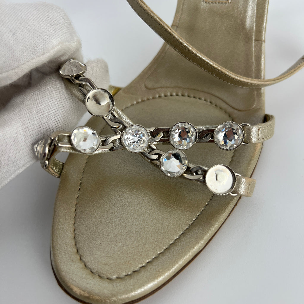 Manolo Blahnik | Ivory Pearl Leather Crystal Ankle Wrap Sandal Heels (36.5)