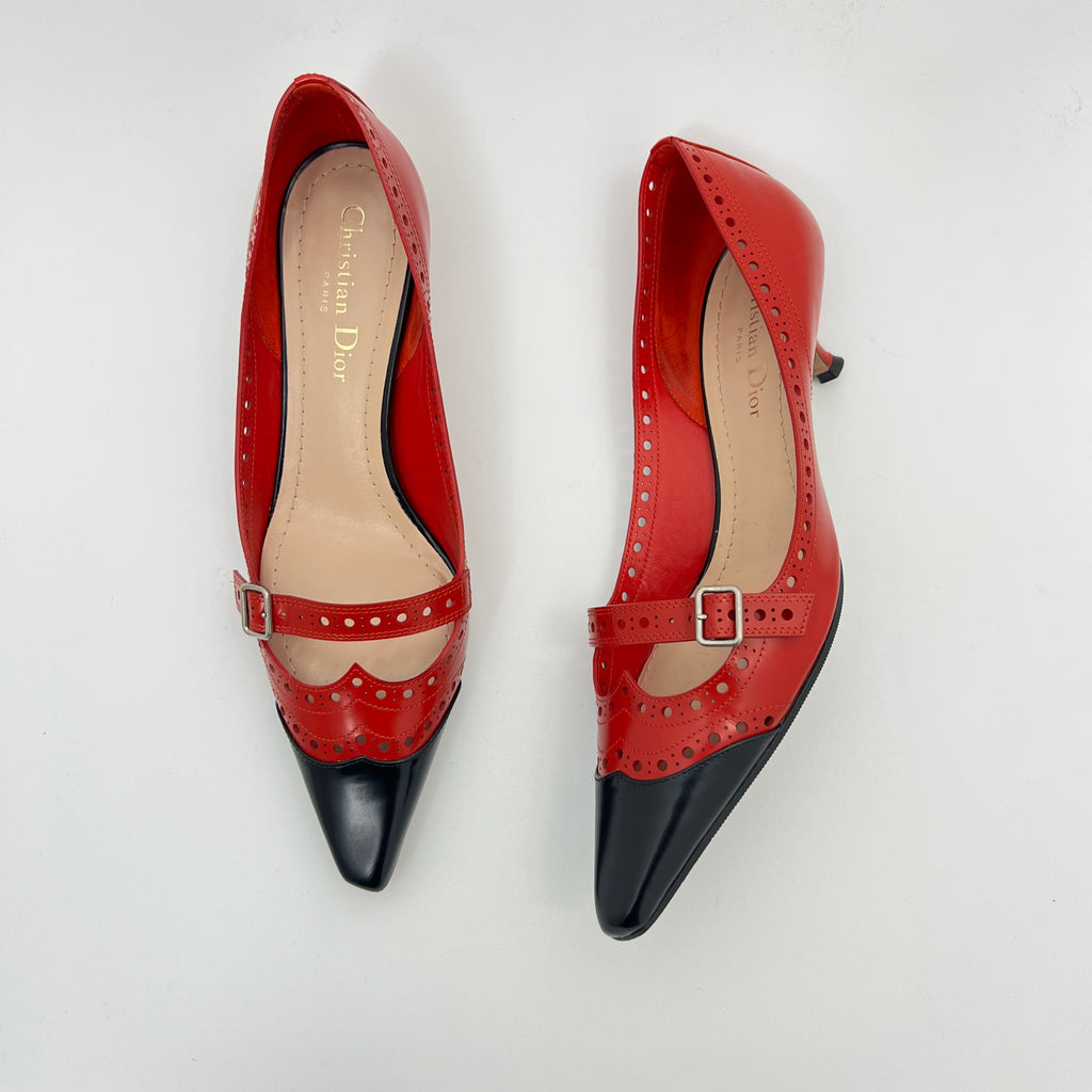 Dior | Spectadior Red Black Calfskin Kitten Heel Pump Pointed Brogue (37.5)
