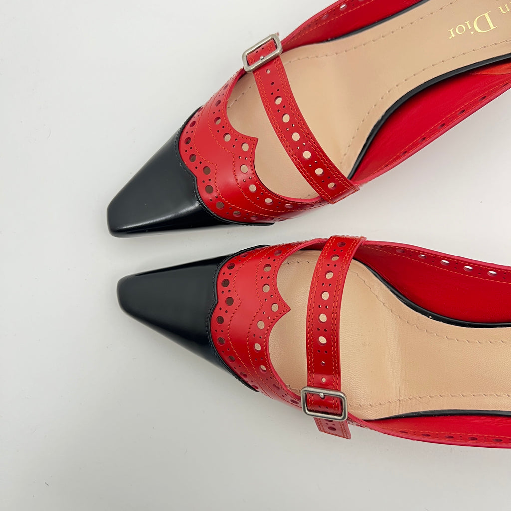 Dior | Spectadior Red Black Calfskin Kitten Heel Pump Pointed Brogue (37.5)