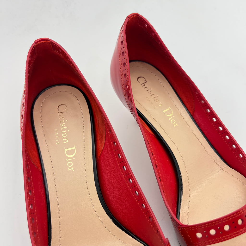 Dior | Spectadior Red Black Calfskin Kitten Heel Pump Pointed Brogue (37.5)