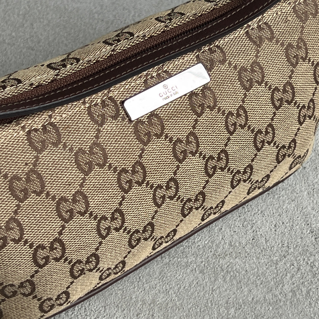 Gucci | Tom Ford Era GG Monogram Tan Canvas Chocolate Brown Leather Boat Pochette