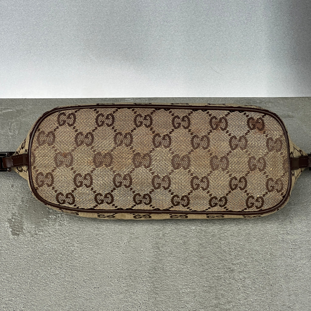 Gucci | Tom Ford Era GG Monogram Tan Canvas Chocolate Brown Leather Boat Pochette