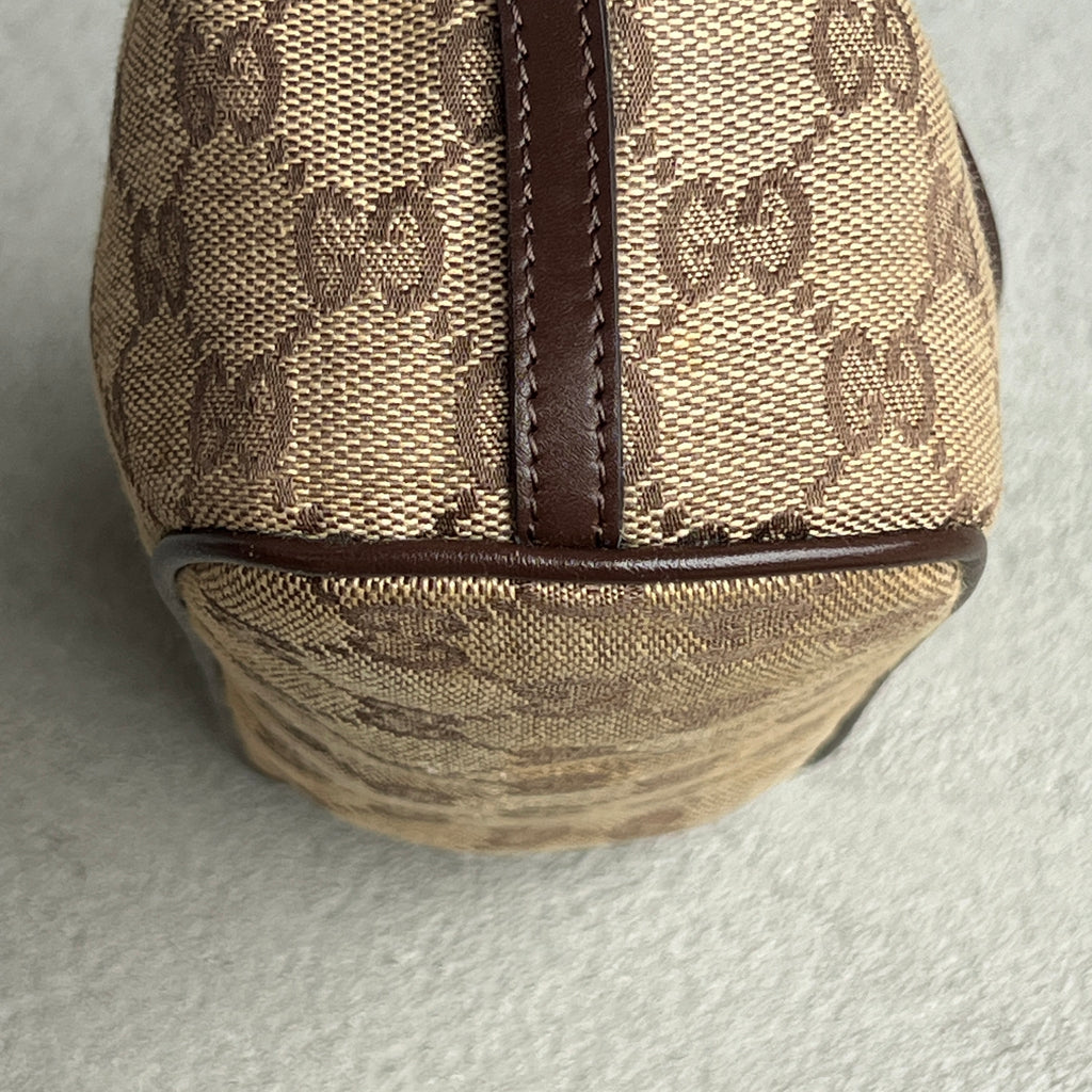 Gucci | Tom Ford Era GG Monogram Tan Canvas Chocolate Brown Leather Boat Pochette