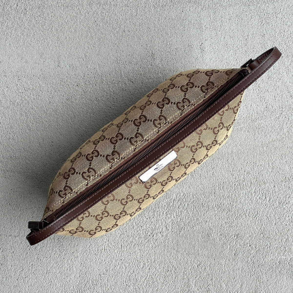 Gucci | Tom Ford Era GG Monogram Tan Canvas Chocolate Brown Leather Boat Pochette