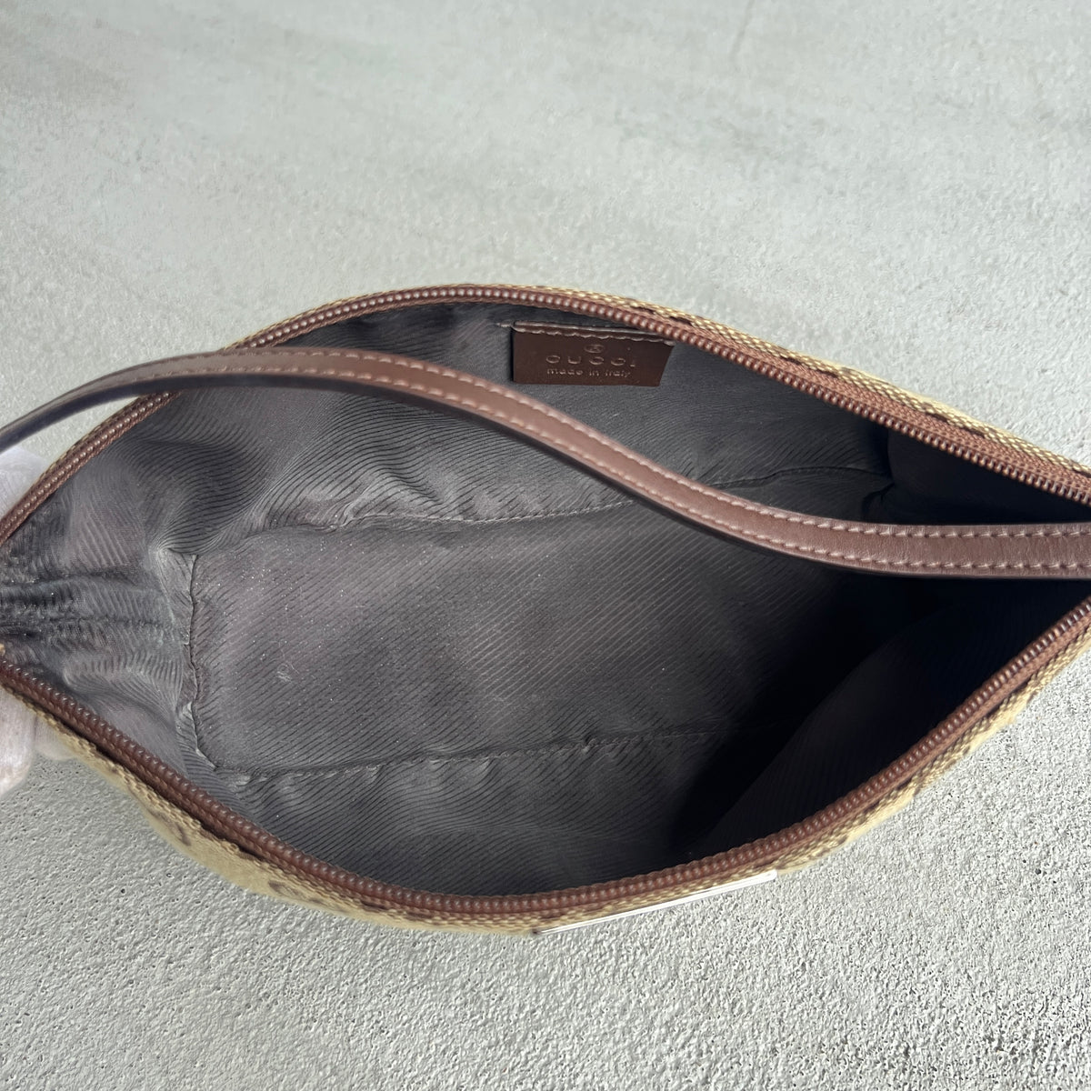 Gucci | Tom Ford Era GG Monogram Tan Canvas Chocolate Brown Leather Boat Pochette
