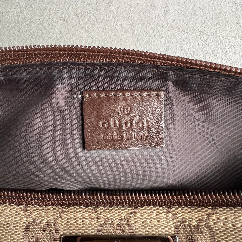 Gucci | Tom Ford Era GG Monogram Tan Canvas Chocolate Brown Leather Boat Pochette