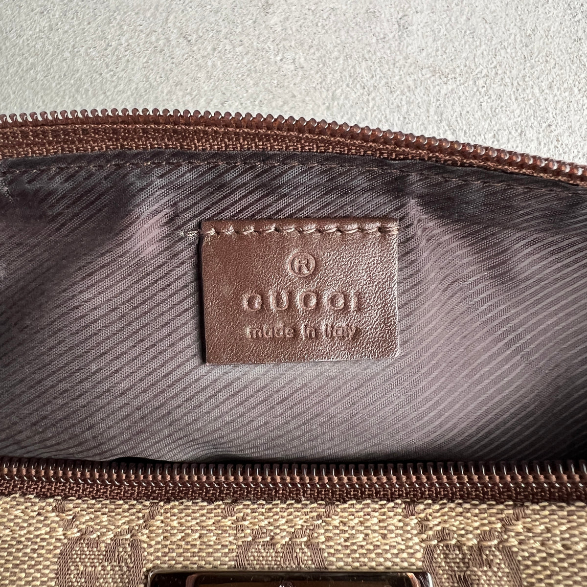 Gucci | Tom Ford Era GG Monogram Tan Canvas Chocolate Brown Leather Boat Pochette