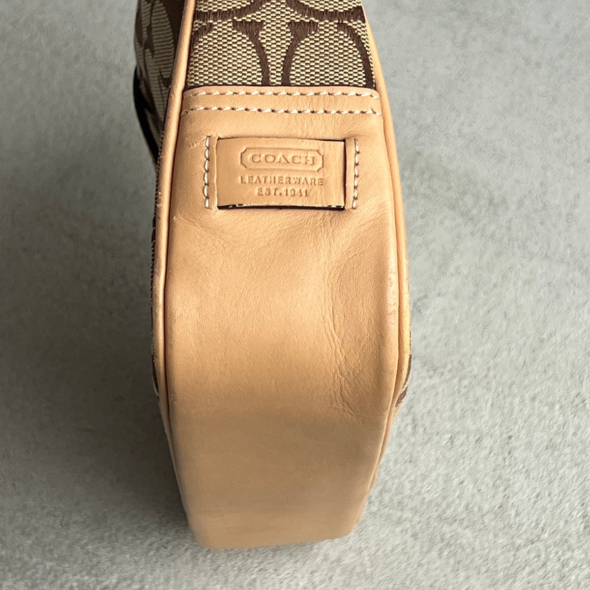 Coach | CC Monogram Canvas Tan Leather Clasp Closure Structured Shoulder Bag