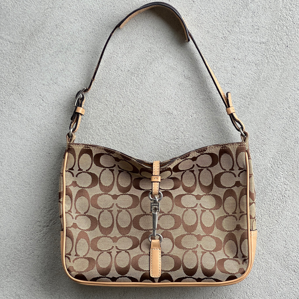 Coach | CC Monogram Canvas Tan Leather Clasp Closure Structured Shoulder Bag
