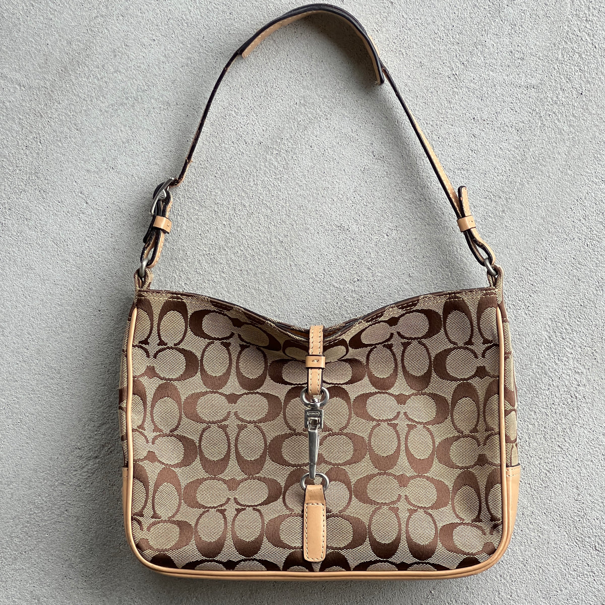 Coach | CC Monogram Canvas Tan Leather Clasp Closure Structured Shoulder Bag