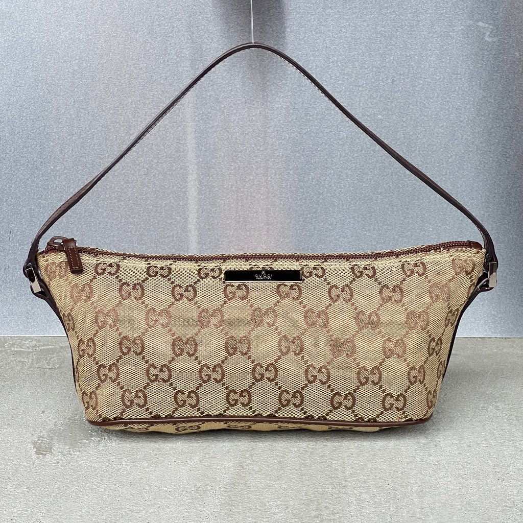 Gucci | Tom Ford Era GG Monogram Tan Canvas Chocolate Brown Leather Boat Pochette