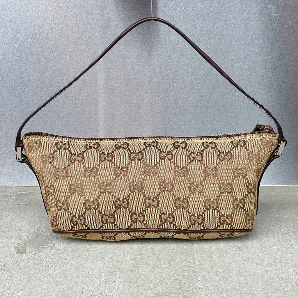 Gucci | Tom Ford Era GG Monogram Tan Canvas Chocolate Brown Leather Boat Pochette