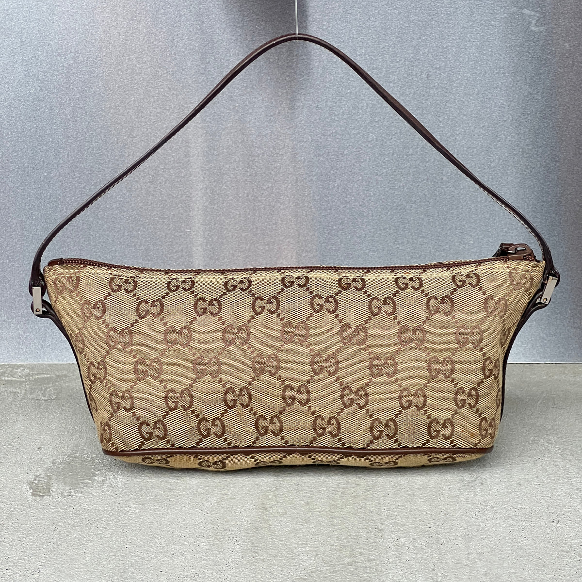 Gucci | Tom Ford Era GG Monogram Tan Canvas Chocolate Brown Leather Boat Pochette