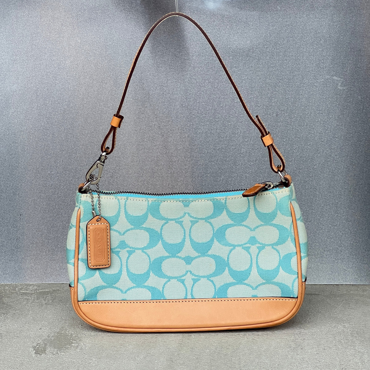 Coach | Rare Y2K Turquoise Tiffany Blue CC Monogram Canvas Tan Leather Shoulder Bag