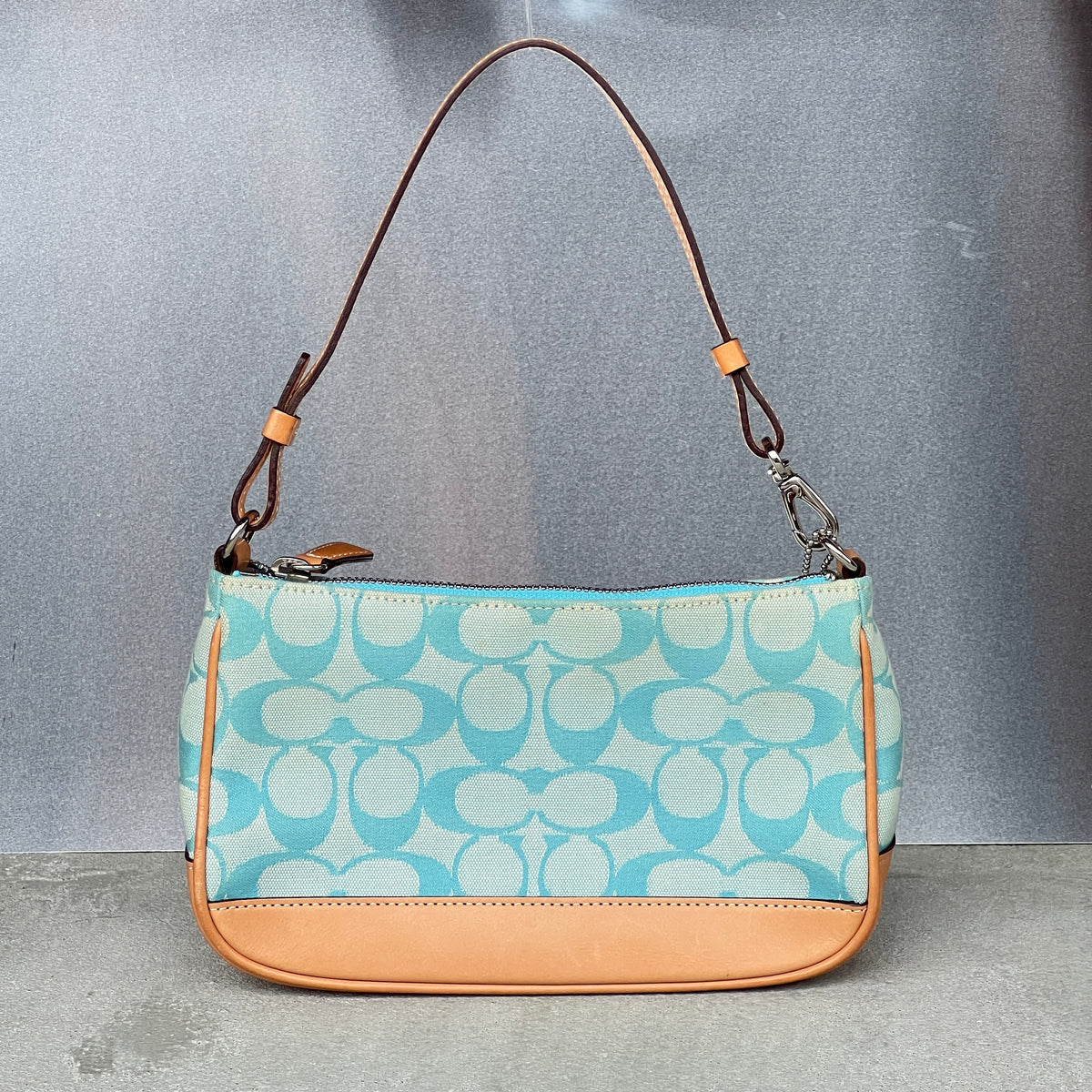 Coach | Rare Y2K Turquoise Tiffany Blue CC Monogram Canvas Tan Leather Shoulder Bag