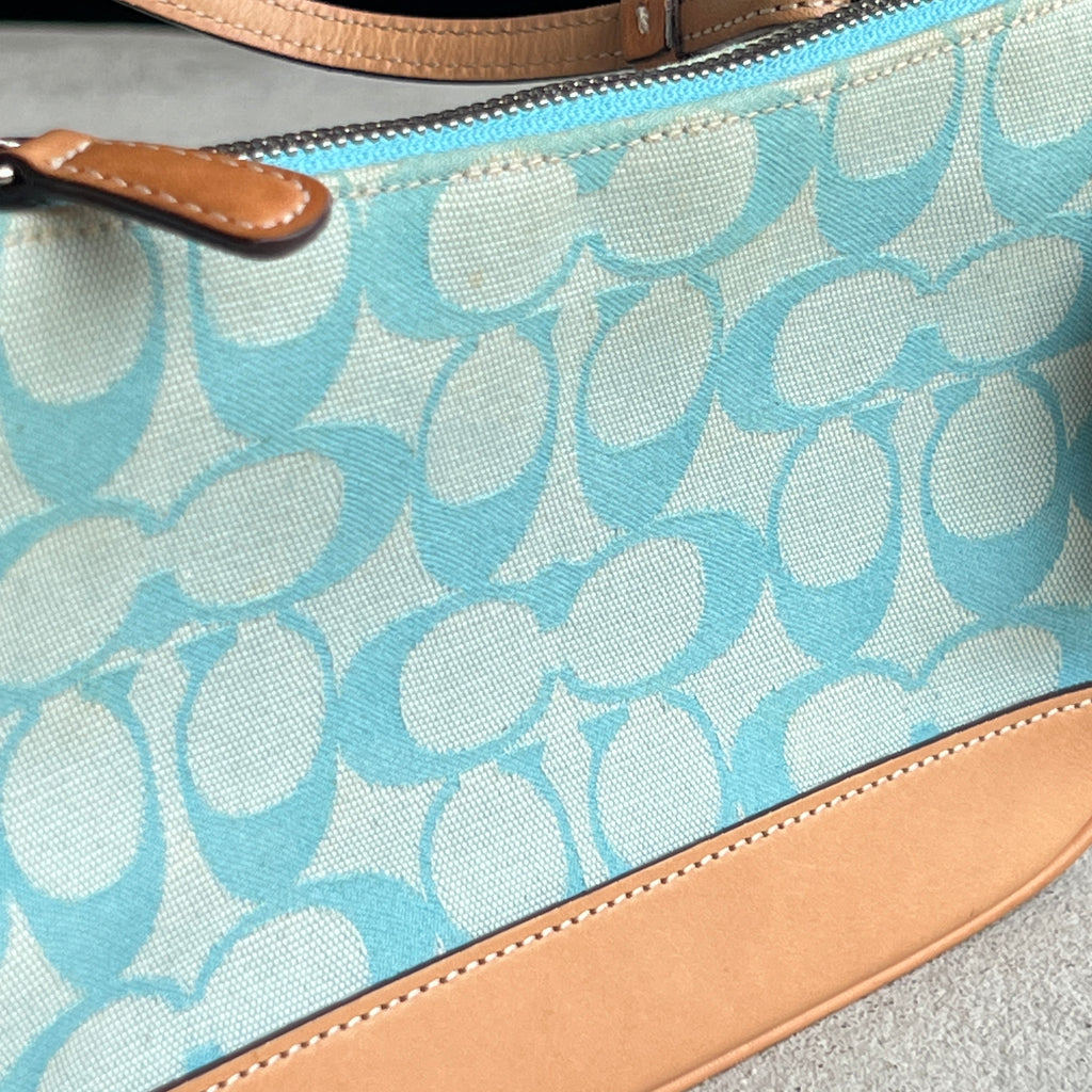 Coach | Rare Y2K Turquoise Tiffany Blue CC Monogram Canvas Tan Leather Shoulder Bag