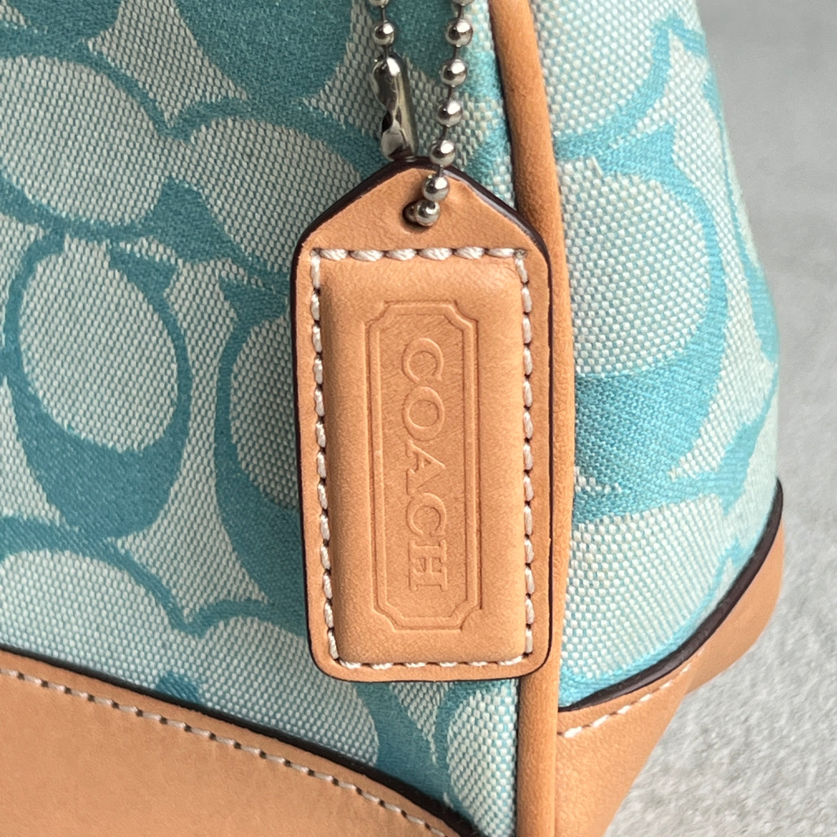 Coach | Rare Y2K Turquoise Tiffany Blue CC Monogram Canvas Tan Leather Shoulder Bag