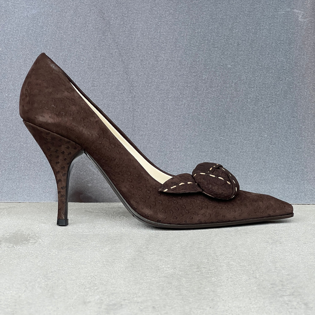 Prada | Brown Suede Leather Rose Pointed Toe Pumps (37 / 37.5)