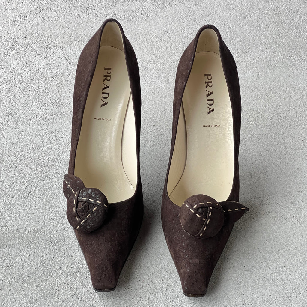 Prada | Brown Suede Leather Rose Pointed Toe Pumps (37 / 37.5)