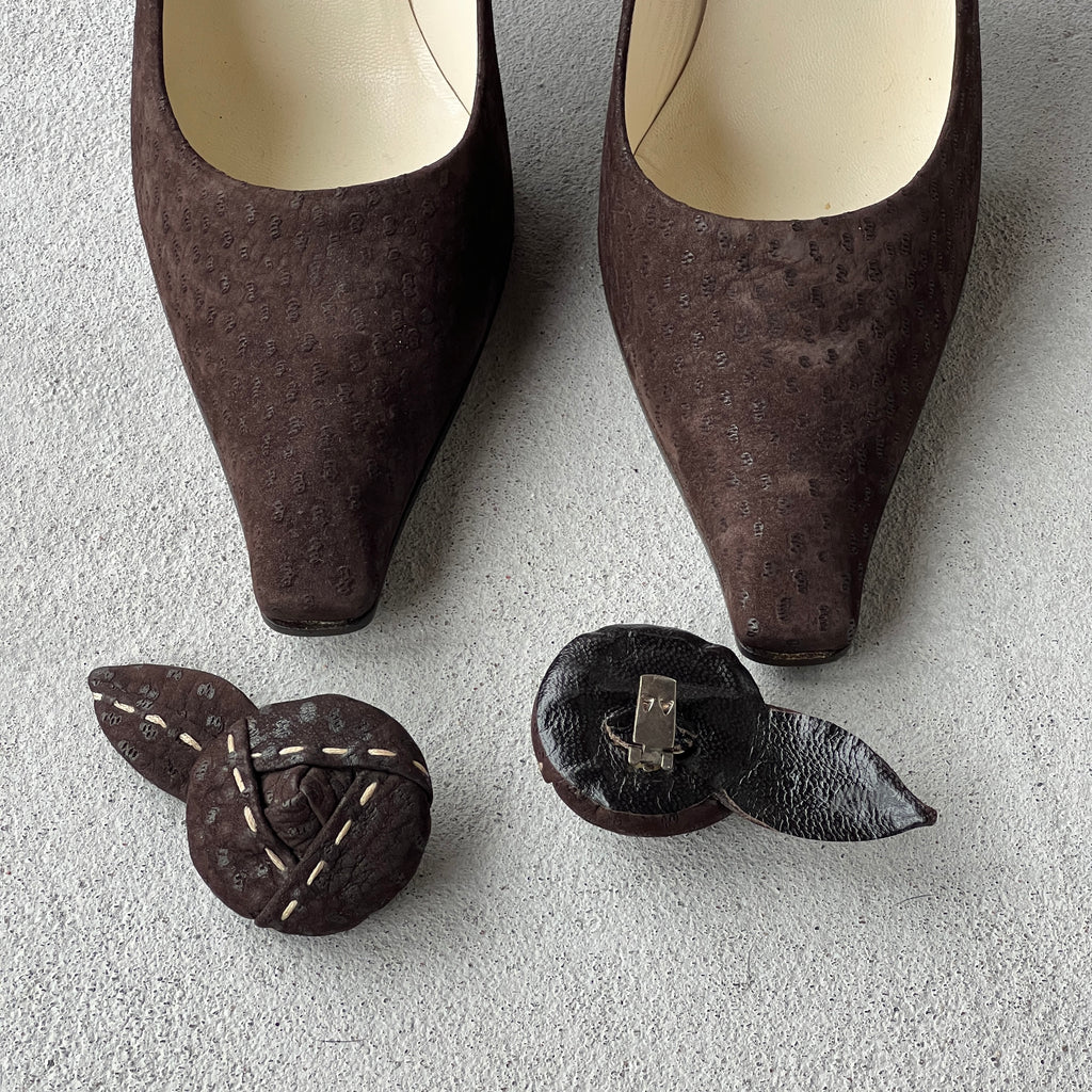 Prada | Brown Suede Leather Rose Pointed Toe Pumps (37 / 37.5)