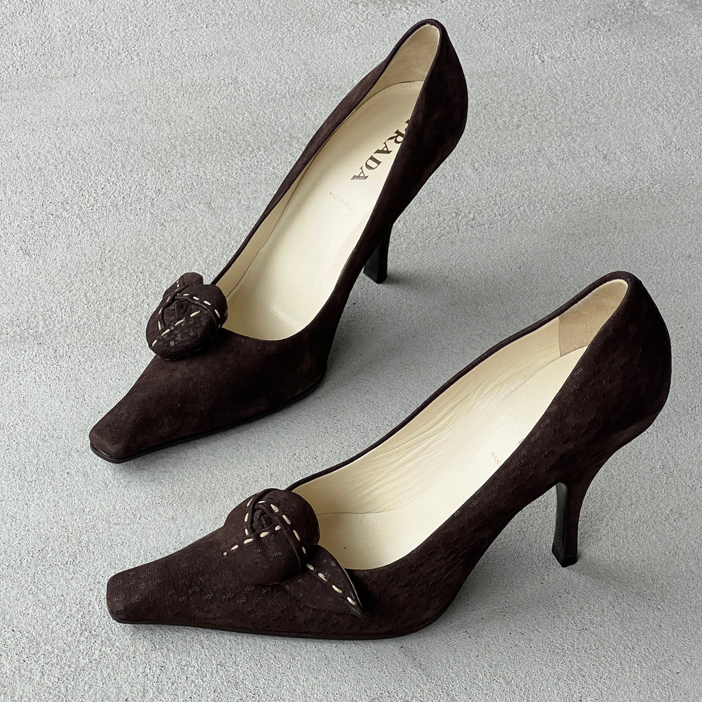 Prada | Brown Suede Leather Rose Pointed Toe Pumps (37 / 37.5)