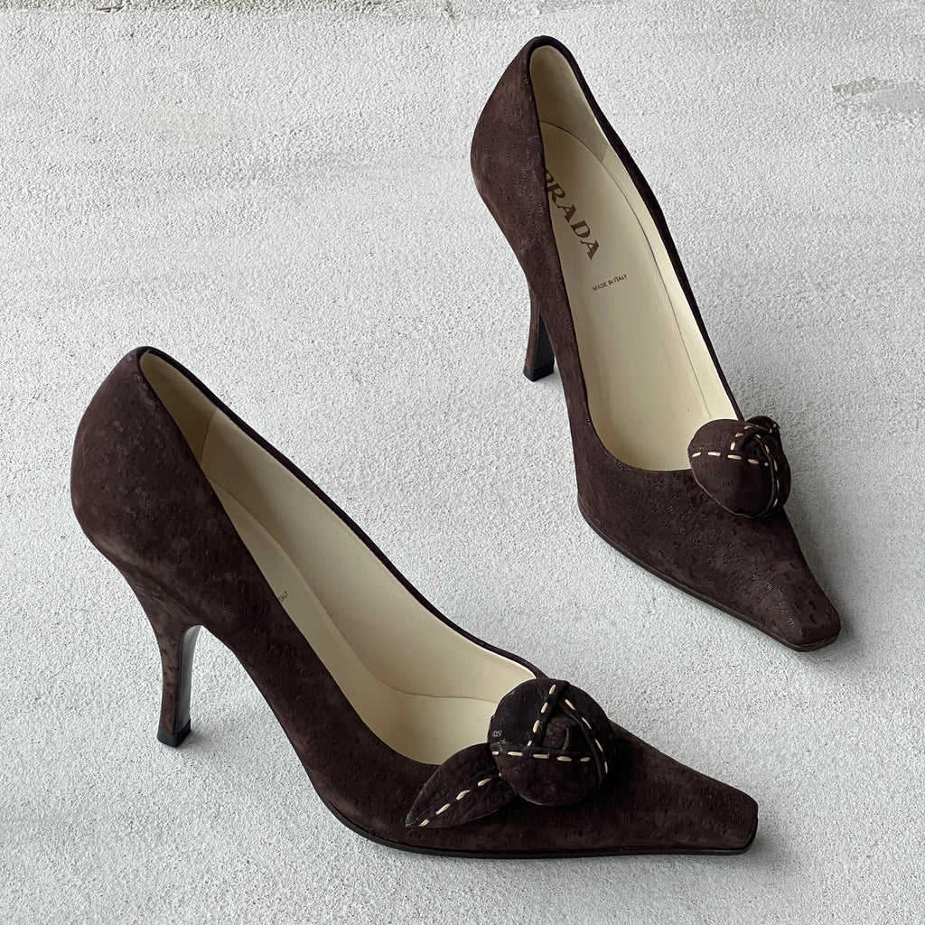 Prada | Brown Suede Leather Rose Pointed Toe Pumps (37 / 37.5)