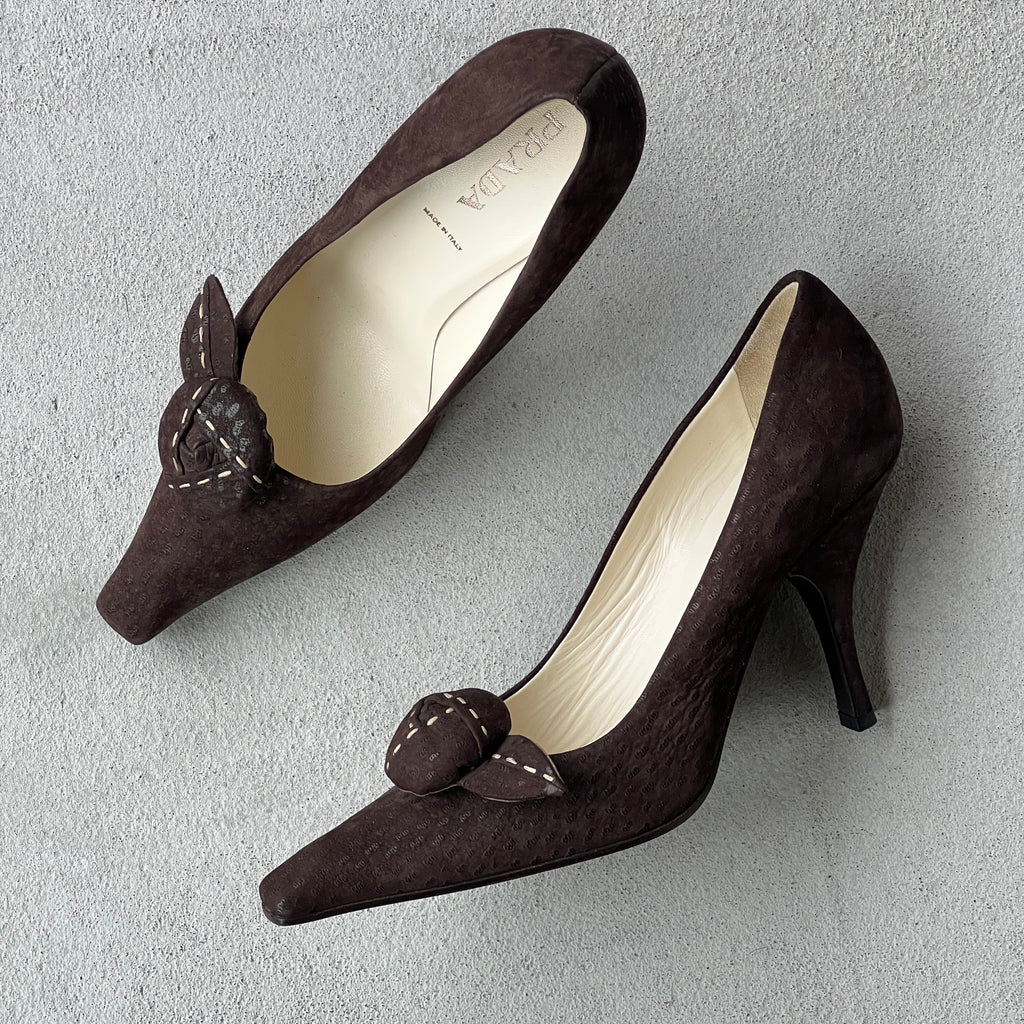 Prada | Brown Suede Leather Rose Pointed Toe Pumps (37 / 37.5)