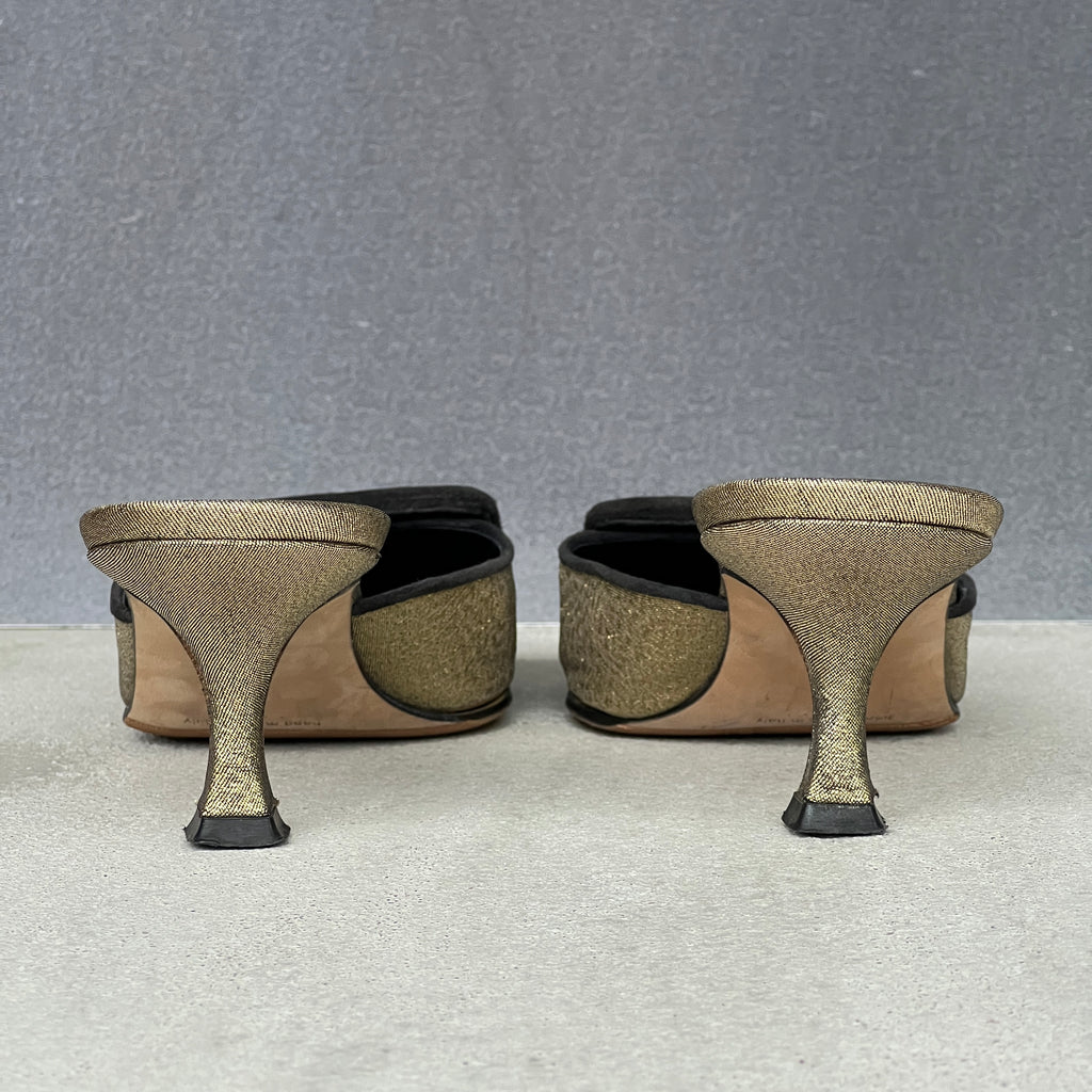 Manolo Blahnik | Maysale Metallic Gold Black Buckle Pointed Toe Slide Mules (38)