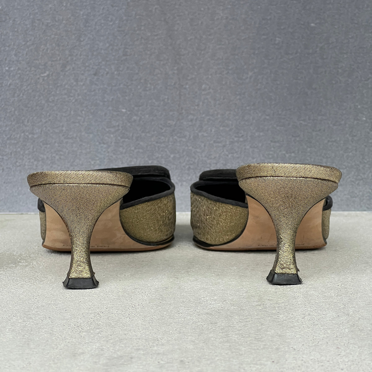 Manolo Blahnik | Maysale Metallic Gold Black Buckle Pointed Toe Slide Mules (38)